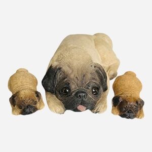 Dog Mate Momma Dog & Sleeping Puppies Figurine Sandcast Brown Black Pug Set VG